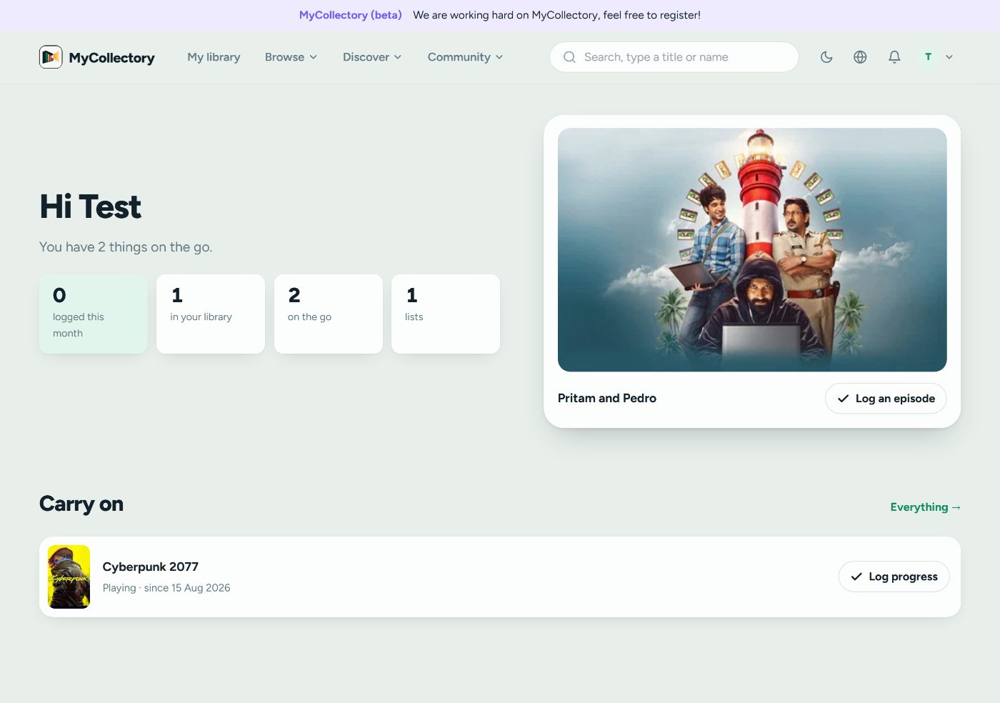 The new home page. Lighter, one typeface, one accent colour, and your own library up top when you are signed in.