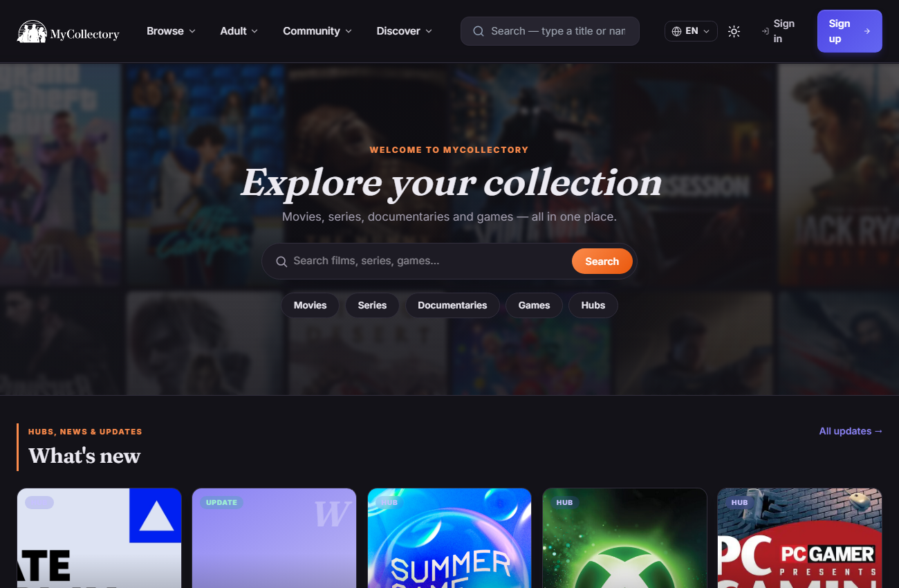 The redesigned homepage in dark mode — a poster-mosaic hero with search and quick links.