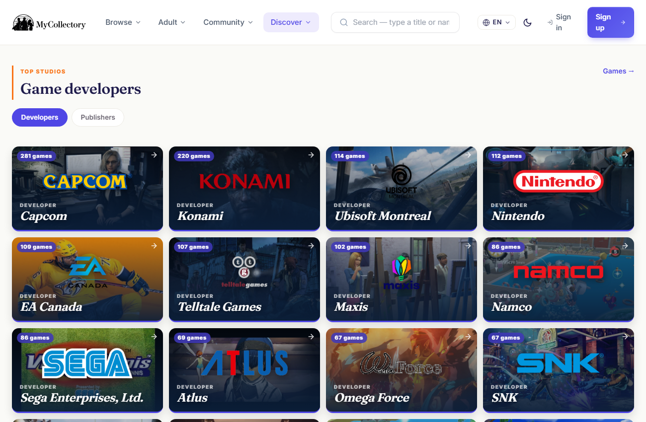 Browse games by developer or publisher — the busiest studios in the catalogue.